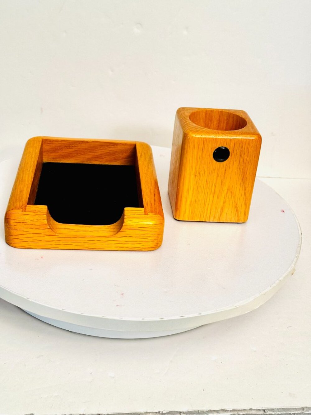 Vtg Solid Oak Desktop Organizer Pen Holder & Note Holder